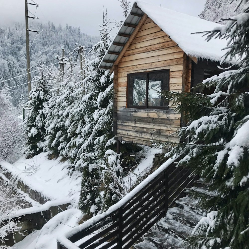 a cabin in the middle of a snowy forest