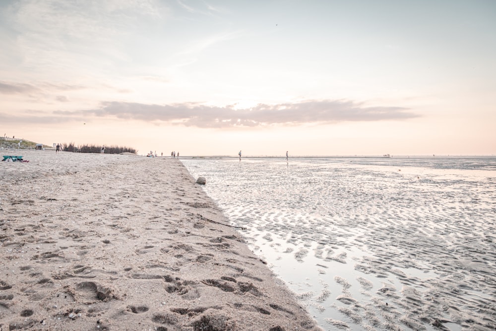 a sandy beach with footprints in the sand