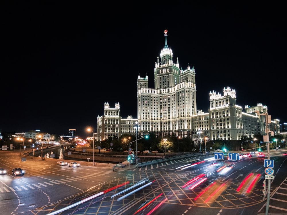 a large building that is lit up at night