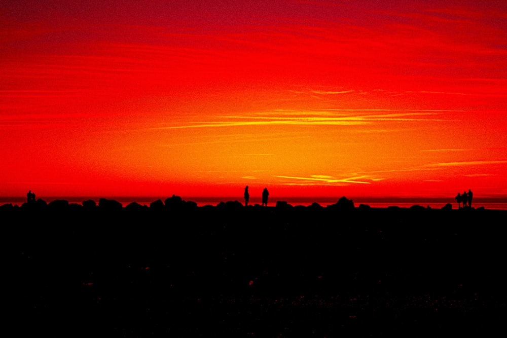 a red and yellow sunset over a field
