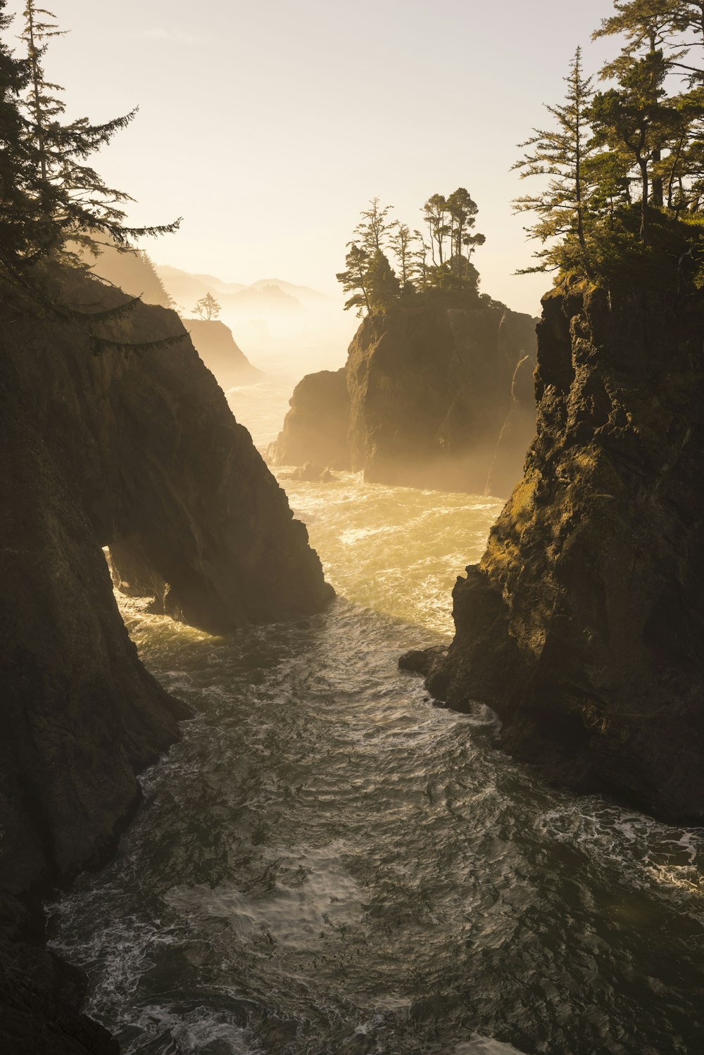 a body of water surrounded by rocks and trees