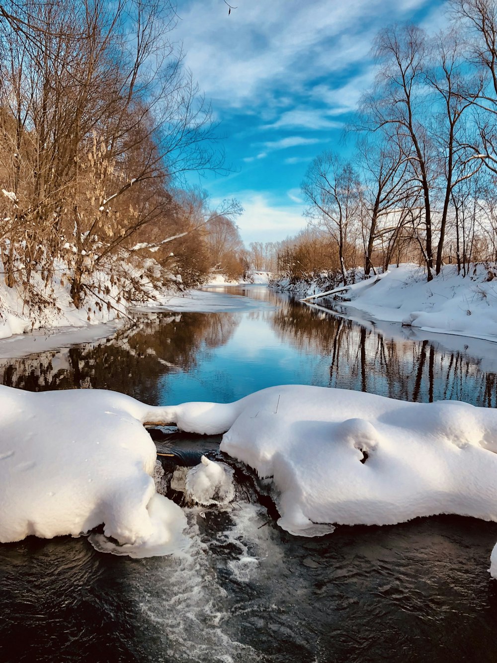 a river running through a snow covered forest