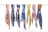 A row of seven colorful and patterned scarves neatly tied onto a horizontal pole. Each scarf features distinct designs, including floral, abstract, and geometric patterns with a variety of colors such as blue, pink, yellow, and brown.