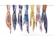 A row of seven colorful and patterned scarves neatly tied onto a horizontal pole. Each scarf features distinct designs, including floral, abstract, and geometric patterns with a variety of colors such as blue, pink, yellow, and brown.