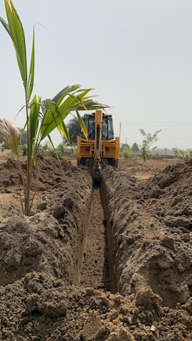 Volunteers digging a trench for the aqueduct in the lush green fields of La Plata.