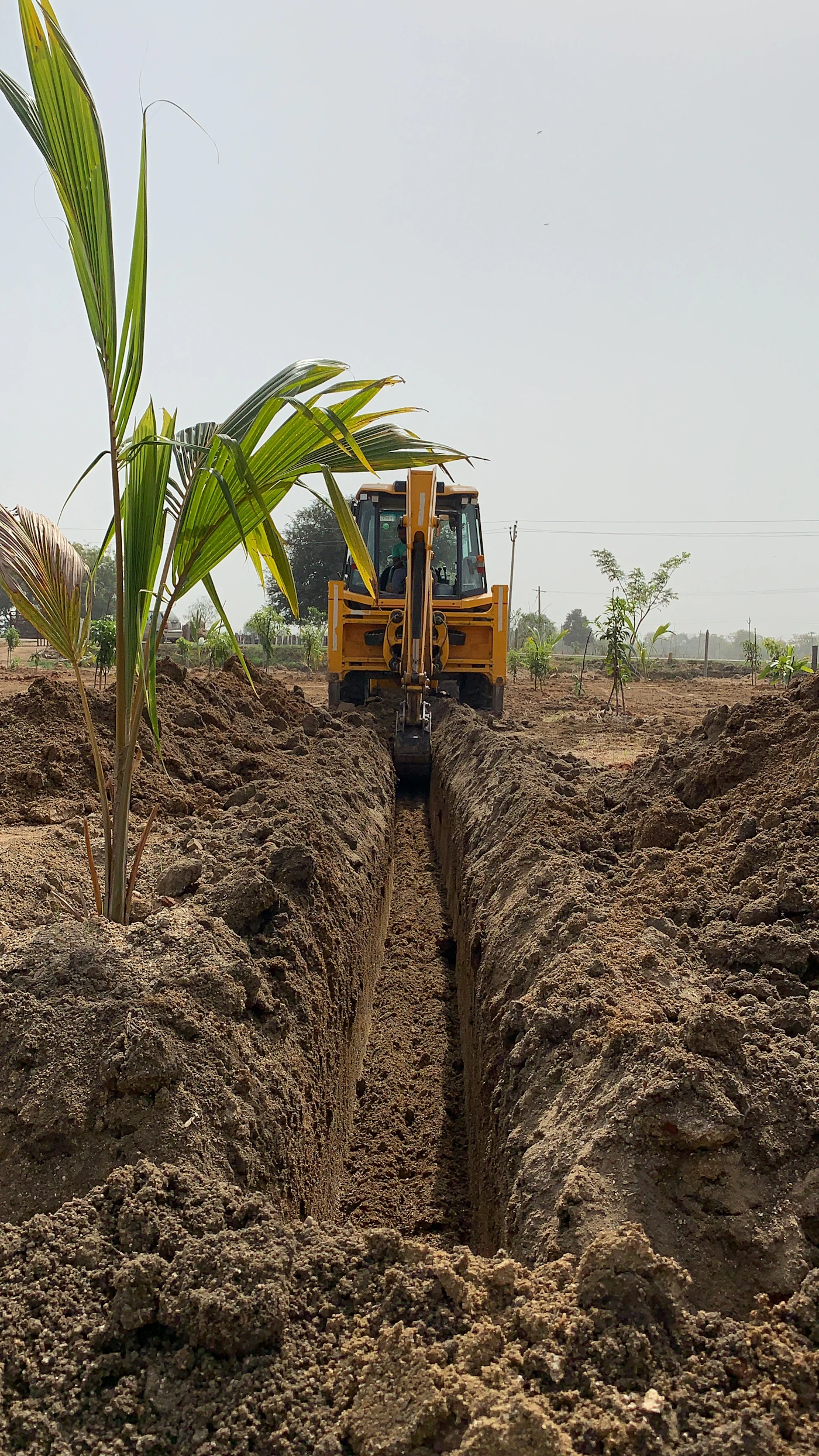 Excavatrice creusant une tranchée sur un terrain