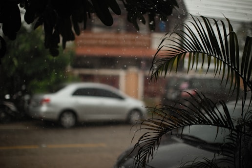a white car driving down a rain soaked street