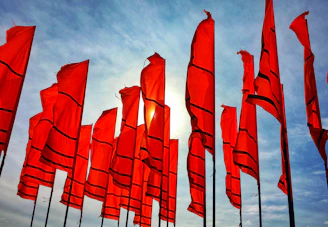 a bunch of red flags flying in the air
