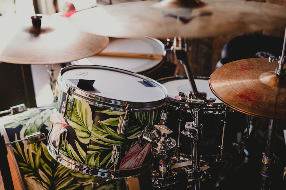 a close up of a drum set on a stage