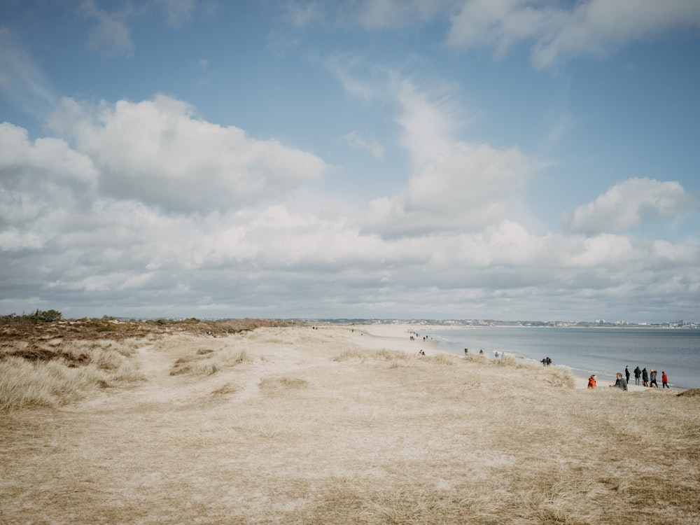 a group of people standing on top of a sandy beach