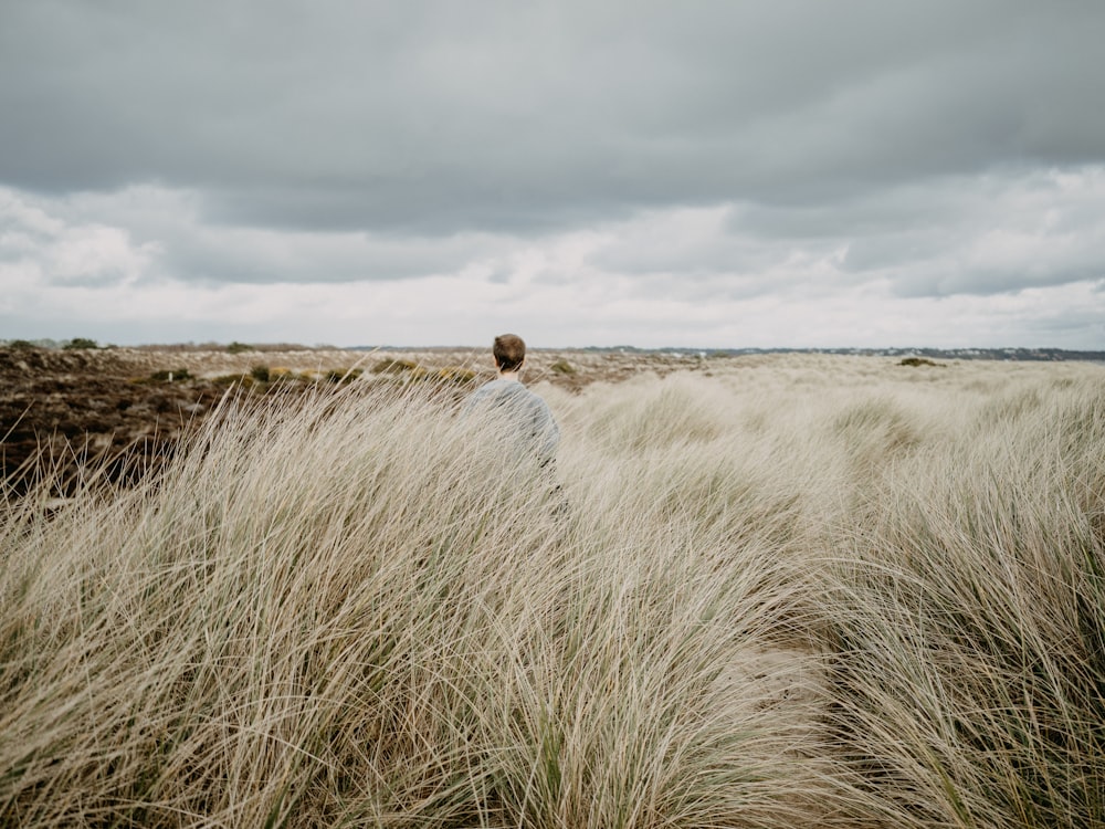 a person standing in a field of tall grass