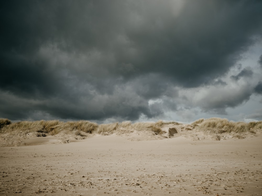 a sandy beach under a cloudy sky