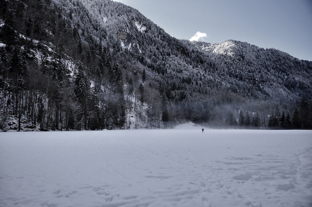 a person walking across a snow covered field