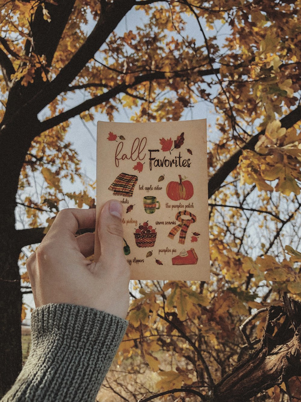 a person holding up a card in front of a tree