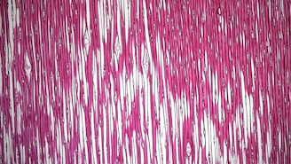 a pink and white wall hanging on the side of a building
