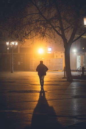A solitary figure walks along a dimly lit street with wet pavement reflecting the glow of street lamps. The background is shrouded in fog, highlighted by a warm orange light that creates a moody atmosphere. Bare trees frame the scene, emphasizing the night setting.