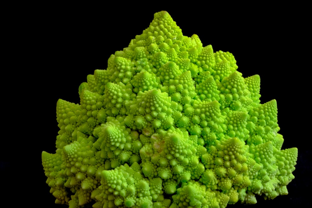 Un primo piano di un pezzo di broccoli su uno sfondo nero