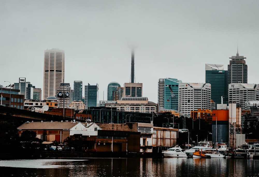 a city with lots of tall buildings next to a body of water