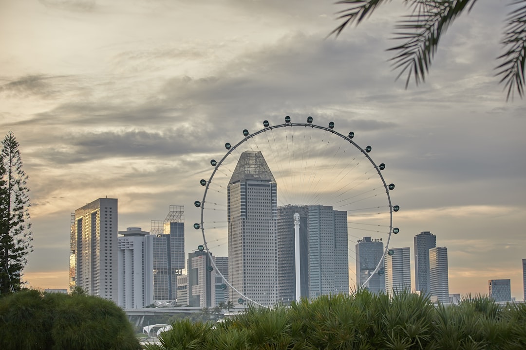 a ferris wheel in front of a city skyline, Singapore Flyer with the city background