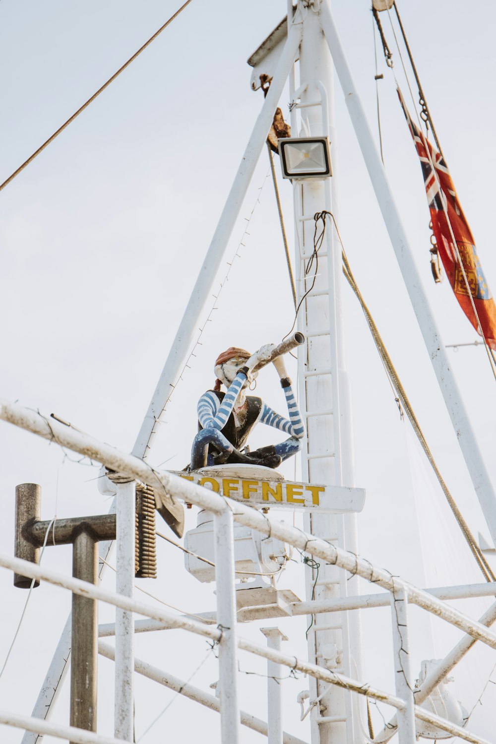 a man sitting on top of a sign on top of a pole