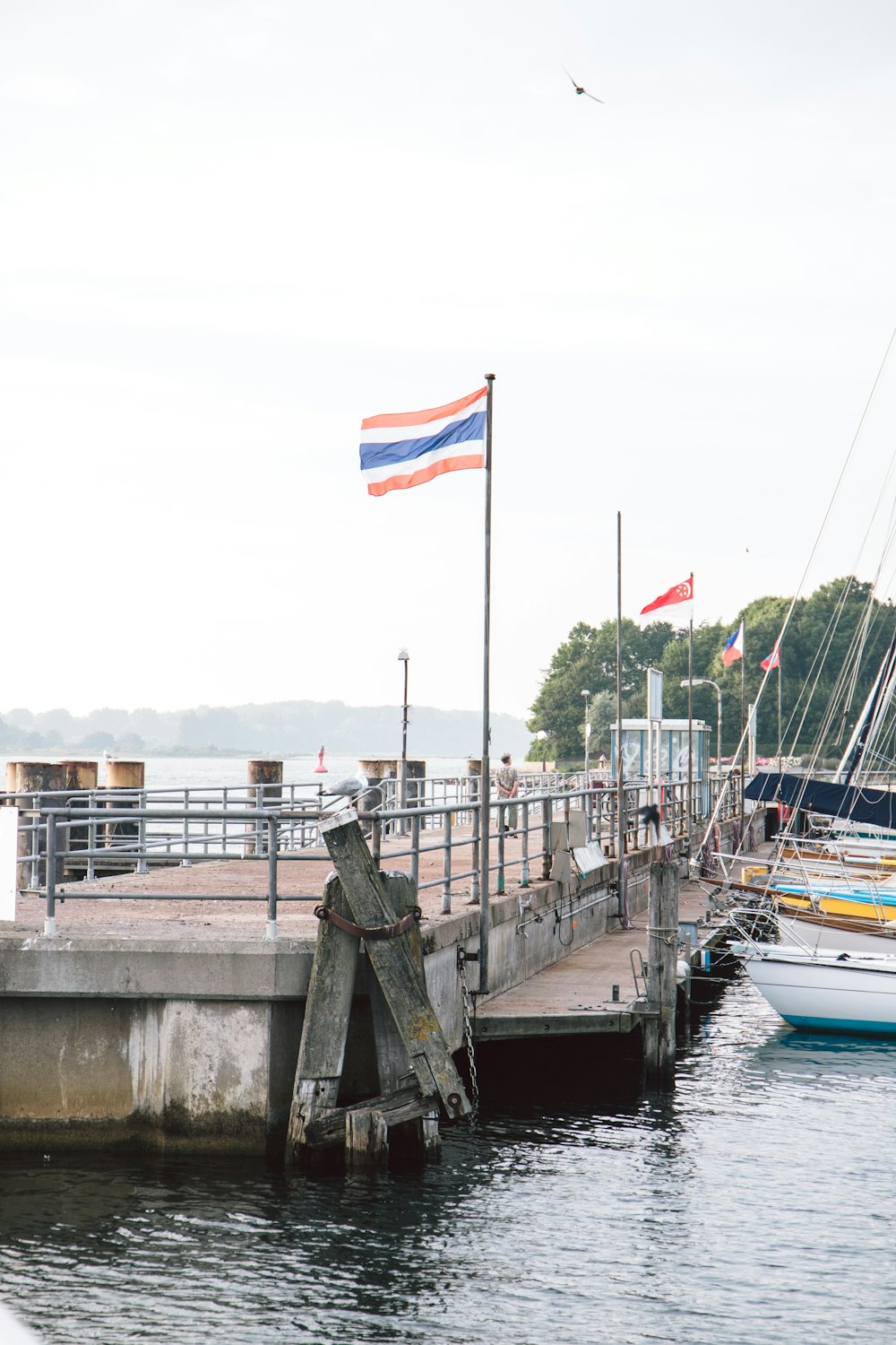 un bateau amarré à un quai avec un drapeau dessus