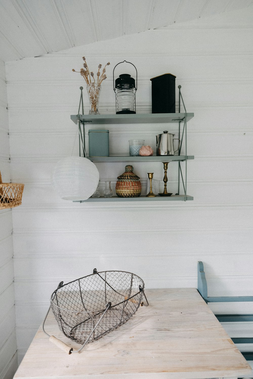 a table with a basket on top of it