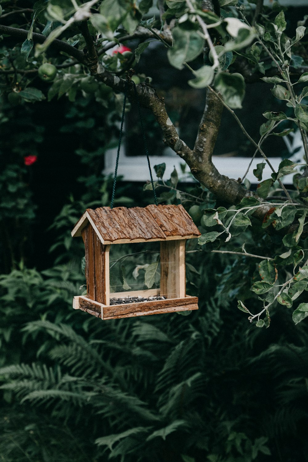 a wooden bird feeder hanging from a tree