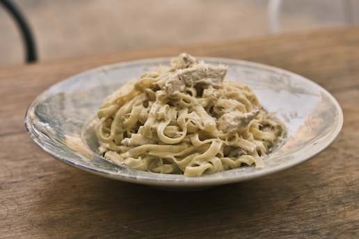 a plate of food on a wooden table