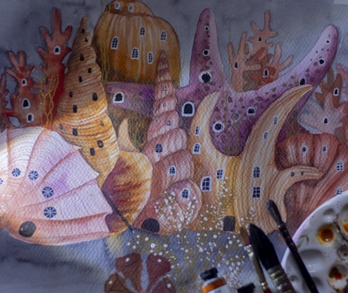 a painting of a sea life scene with a palette and paintbrush