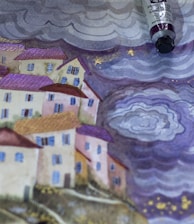 a painting of a city with buildings and clouds