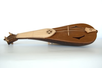 A wooden stringed musical instrument with a teardrop shape, featuring a light-colored soundboard and darker brown sides. It has three strings and intricately designed sound holes. The instrument is resting on a light-colored surface with a plain white background.