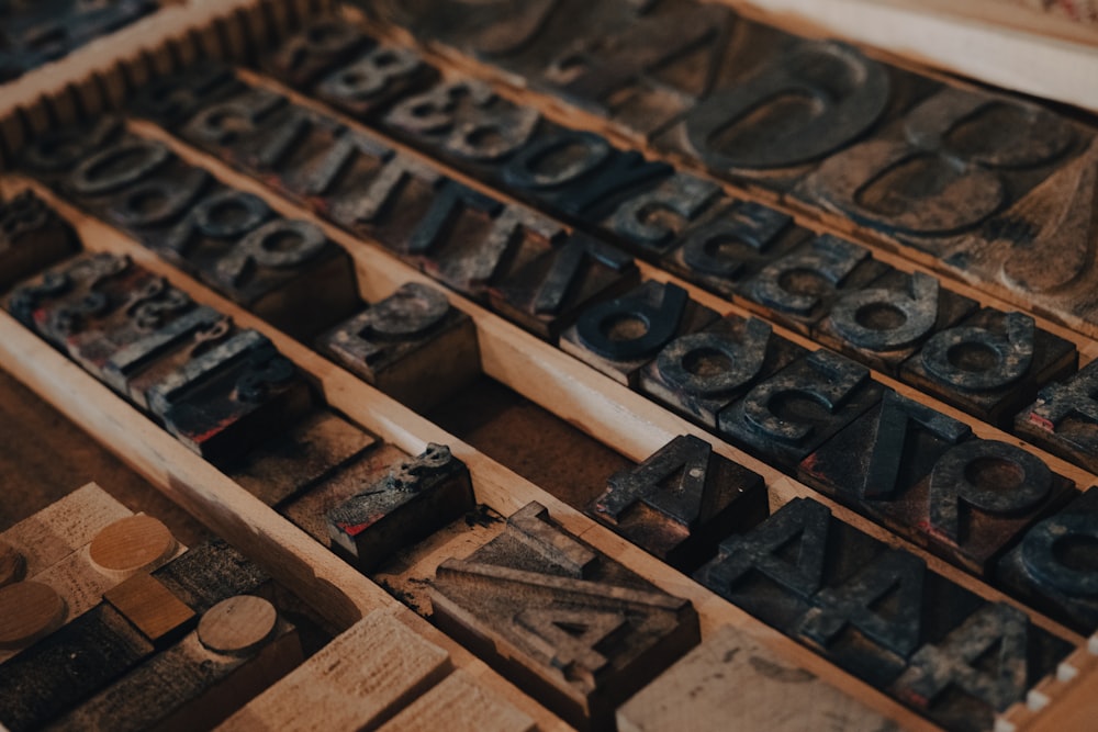 a collection of old wooden type blocks
