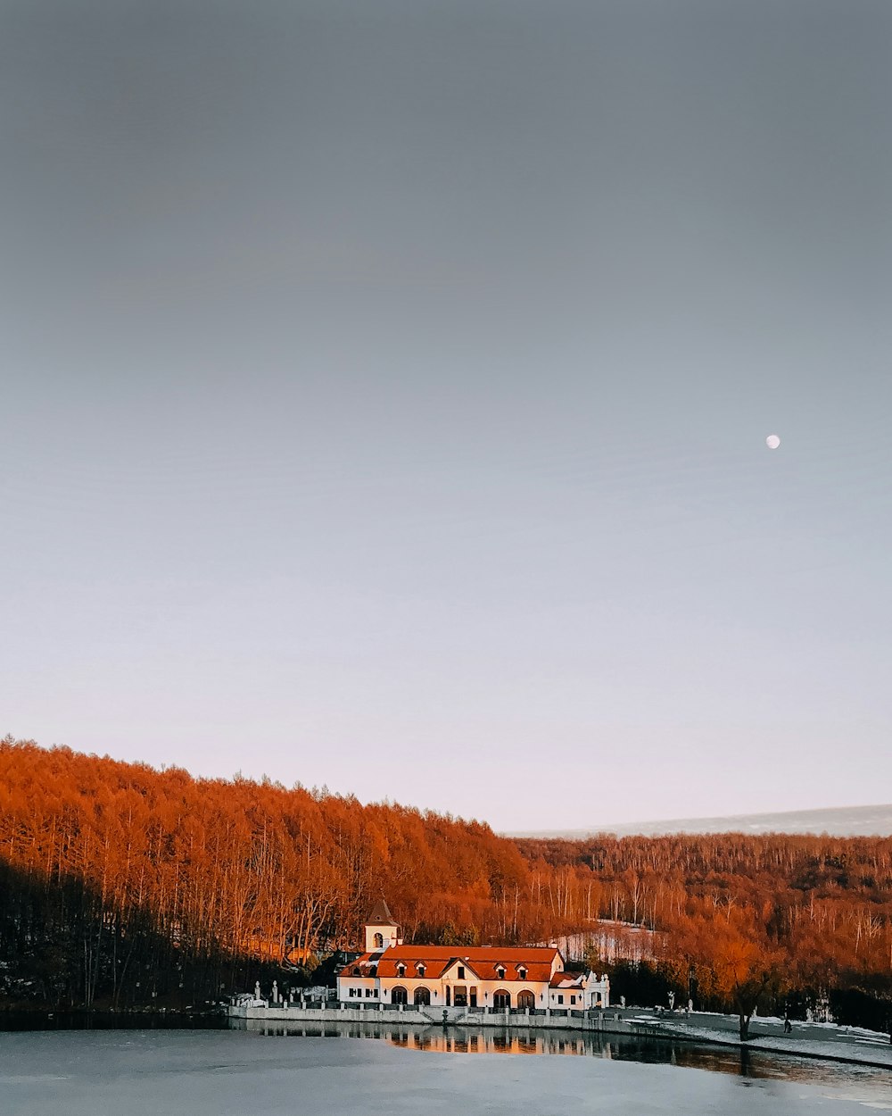 a house on a lake surrounded by trees