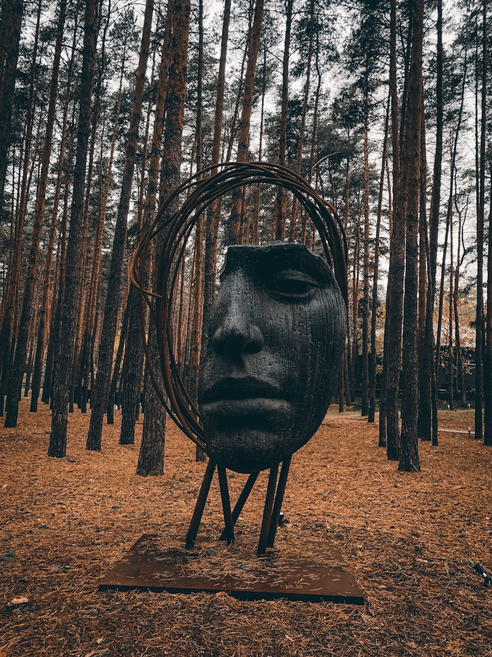 a sculpture of a face in the middle of a forest