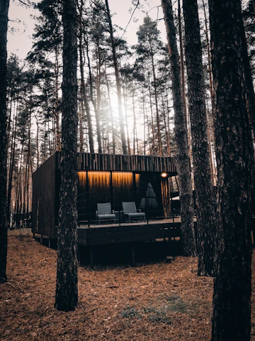 A cozy modern cabin surrounded by nature with smart home devices subtly integrated into the scene.