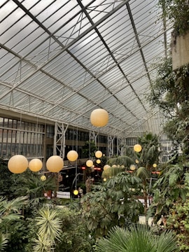 A large indoor atrium filled with lush green plants and trees under a glass-paneled ceiling. Several spherical, warm-colored lanterns are suspended from the ceiling, casting a soft glow over the foliage. The architecture features a modern, industrial design with visible metal framework and large windows.