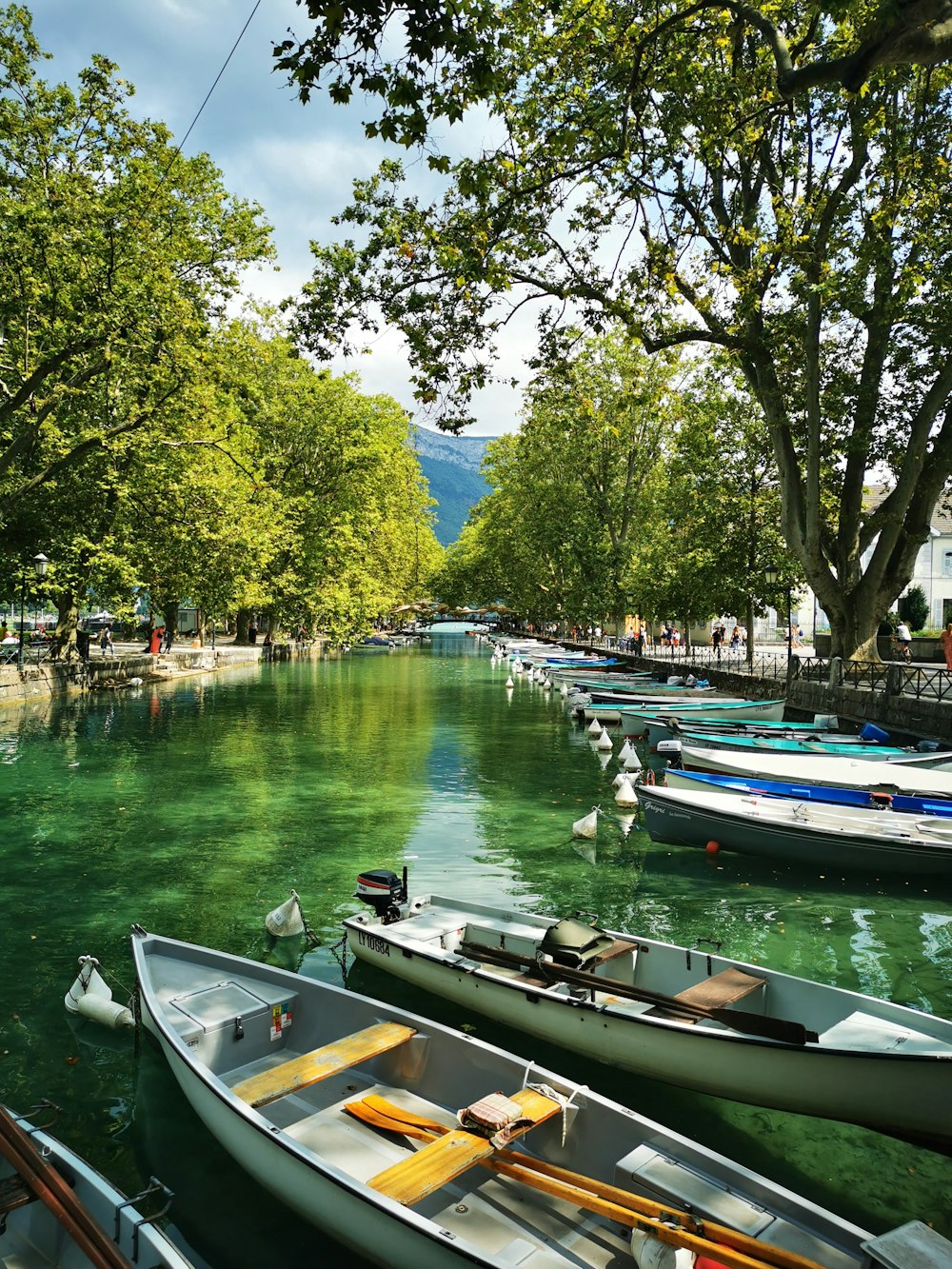 a row of boats sitting next to each other on a river