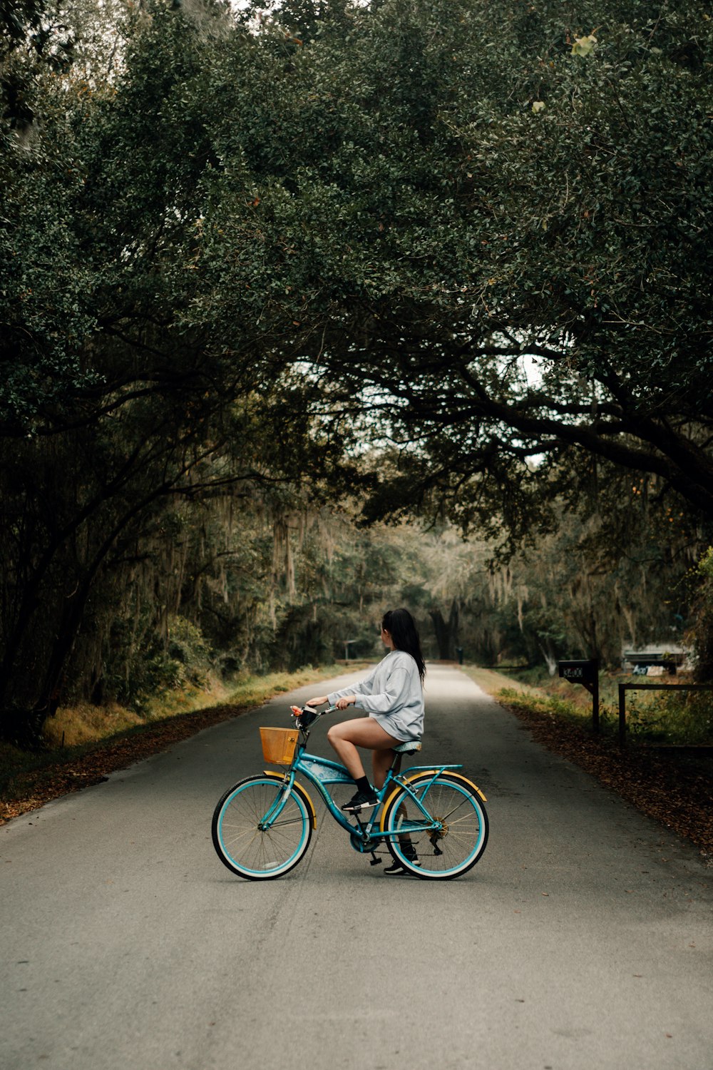 a woman riding a bike down a tree lined road