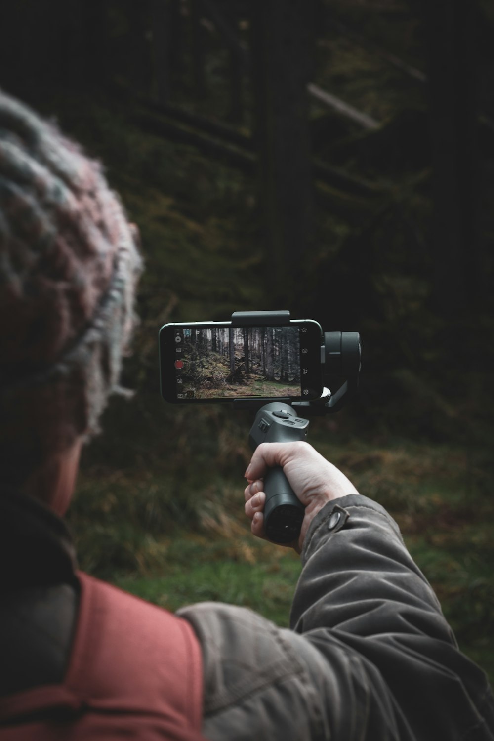a person taking a picture of a forest with a camera