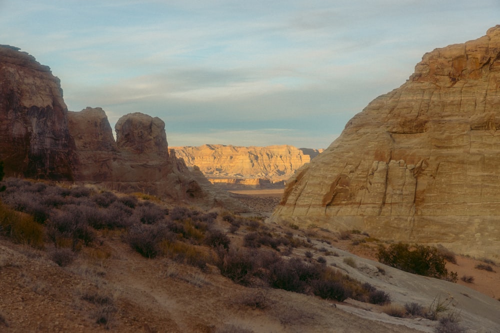 a view of a desert with mountains in the background