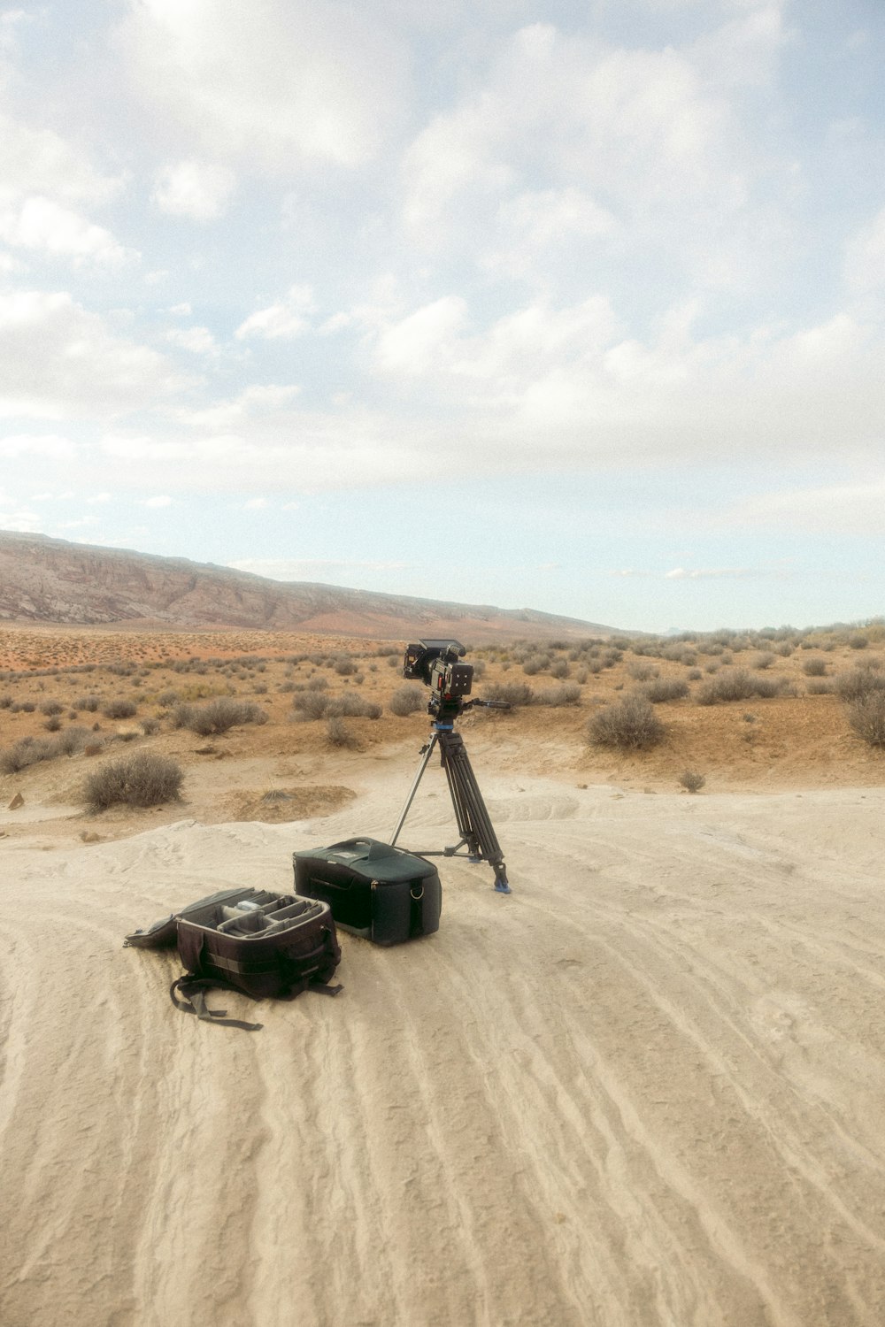 a camera set up in the middle of a desert
