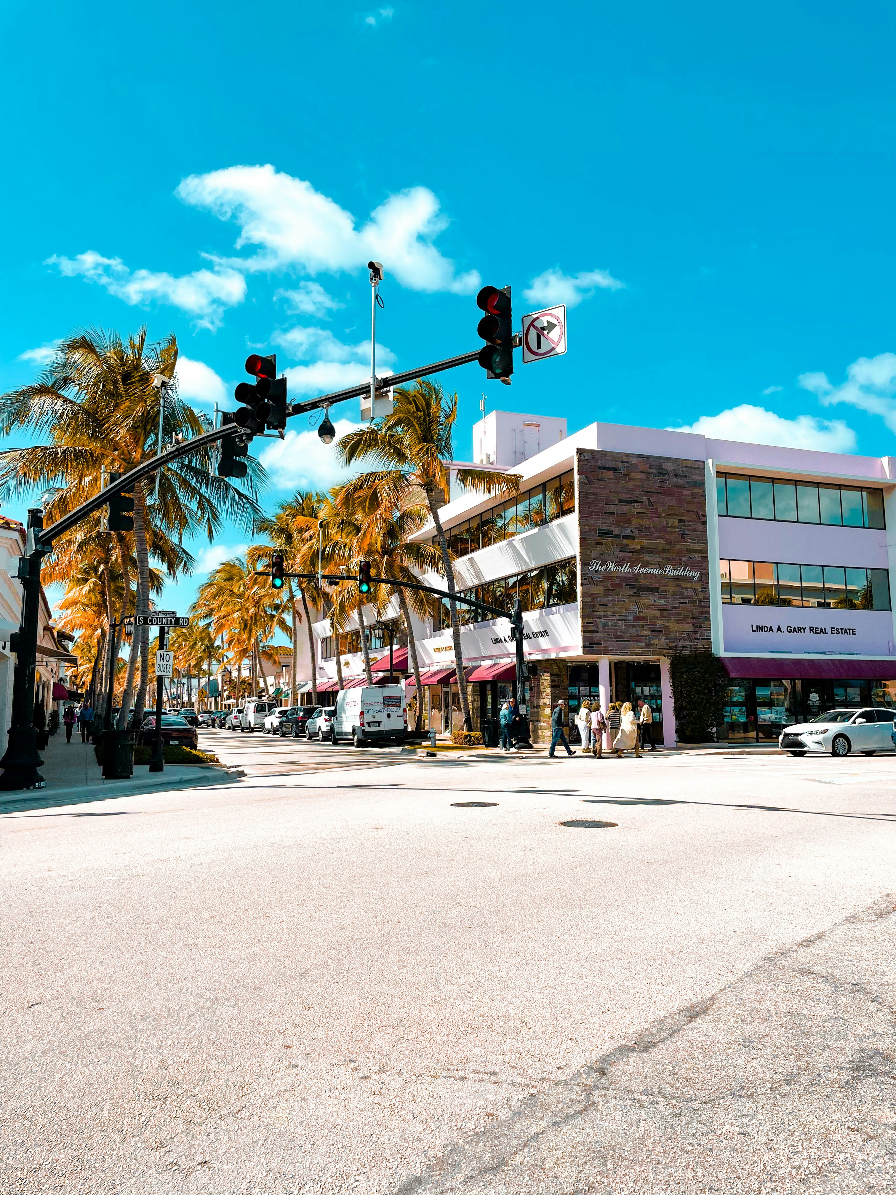 a city street with a traffic light and palm trees