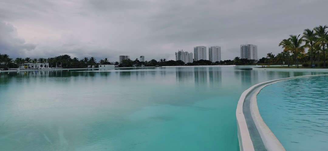 a large body of water with buildings in the background,