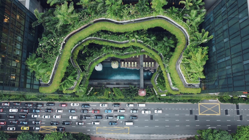 an aerial view of a building with a green roof