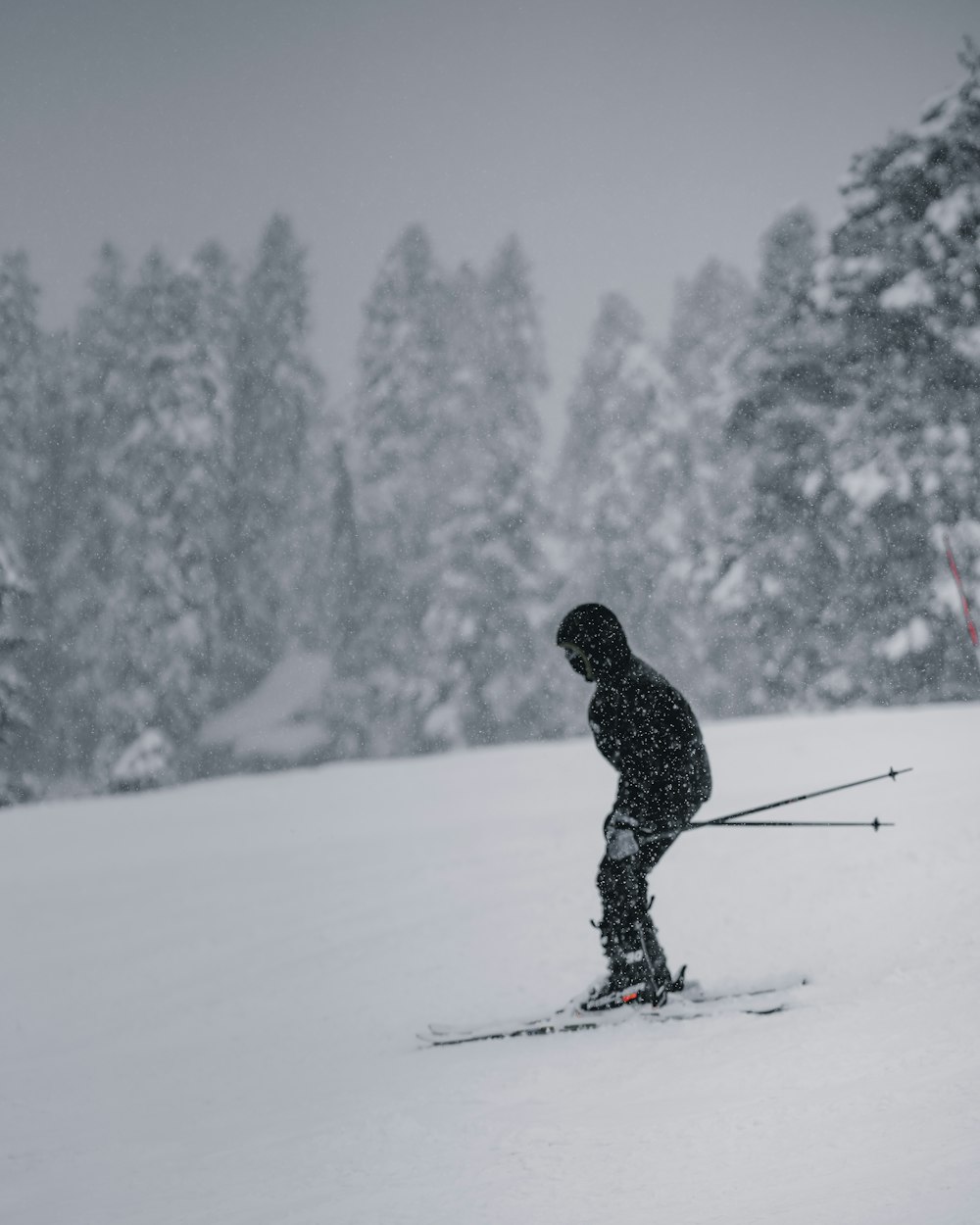 a man riding skis down a snow covered slope