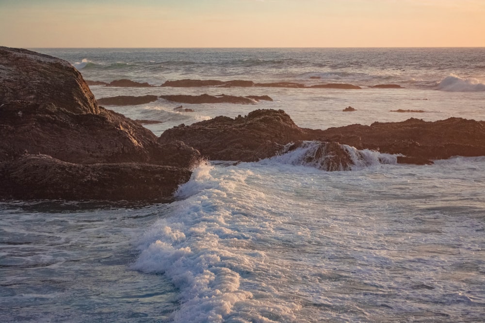 a large body of water next to a rocky shore