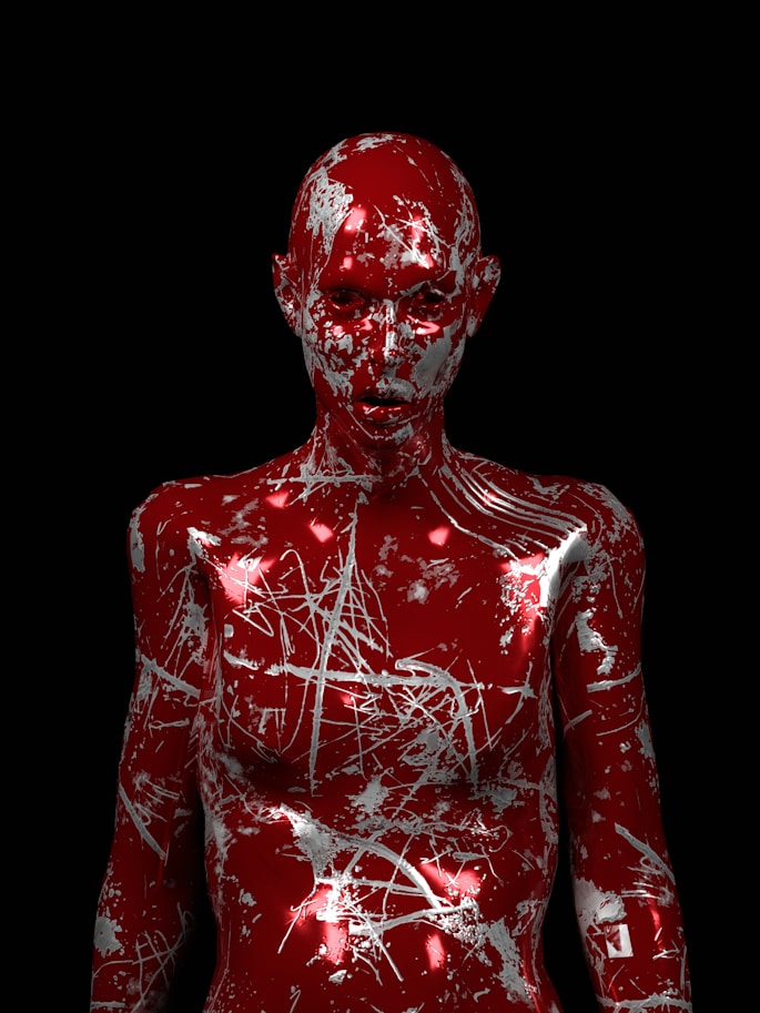 a red body painted with white paint on a black background
