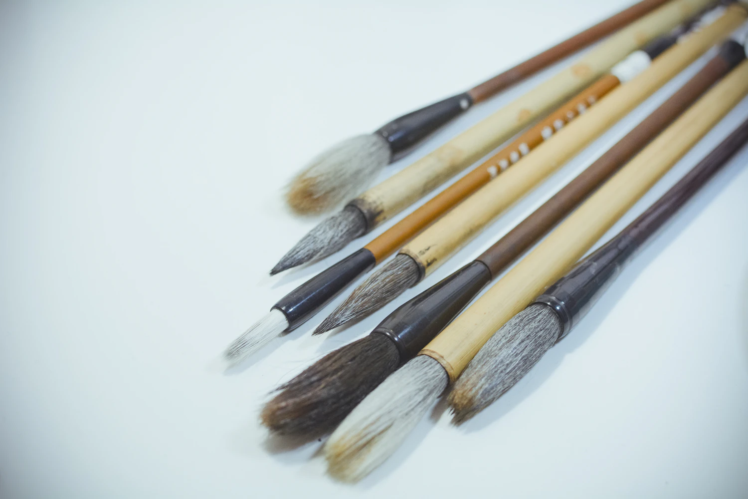 A row of bamboo-handled brushes with soft hair tips