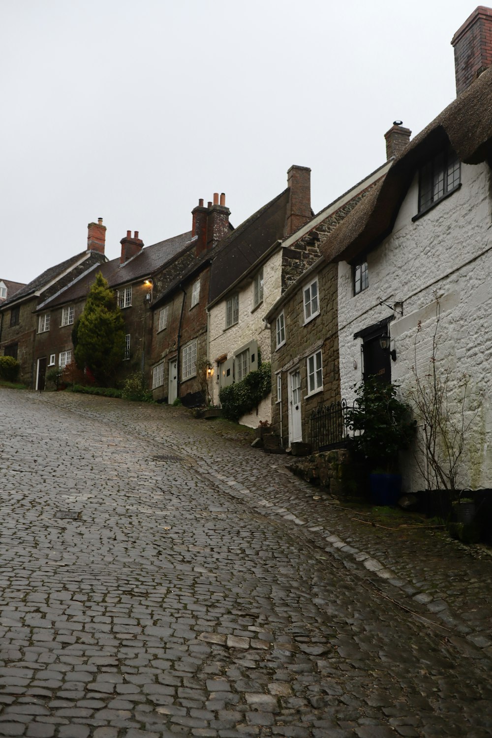 a cobblestone street lined with old houses