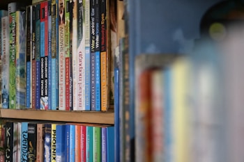 A shelf filled with various books is organized neatly. The spines show different colored covers and titles, with a focus on a range of literature, including works by Michael Morpurgo and C.S. Lewis. The books are tightly packed, displaying an eclectic collection.